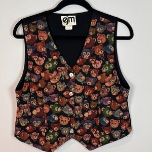 EJM Vintage 90's Teddybear Pattern Tapestry Vest Womens 6 Petite Indie Festival